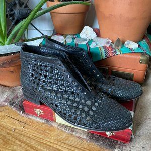 Studded High Top Woven Leather Ankle Booties